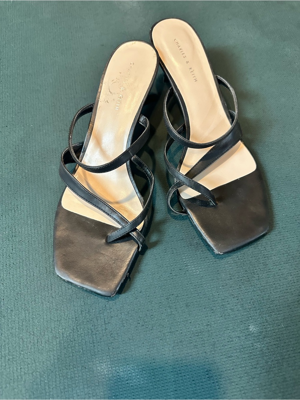 Charles & Keith Black Strappy Square-Toe Slide Heels